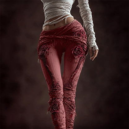 Comstylish Classy Skeleton Anatomy Bloody Roses Bandages Knit Leggings