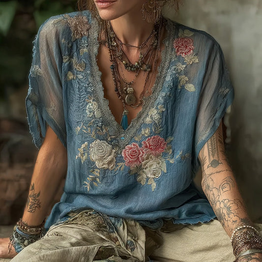 Women's Vintage Floral Embroidery V-neck T-shirt artswardrobe