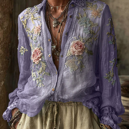 Women's Vintage Bohemian Floral Pattern Linen Long Sleeve Shirt artswardrobe