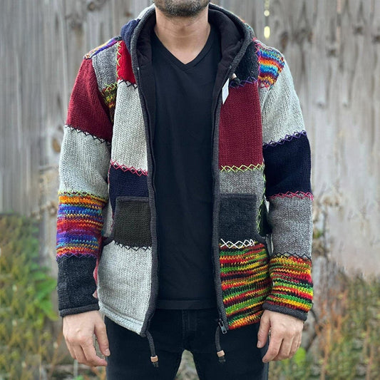 Men's Retro Knit Patchwork Cozy Full Zip Hooded Cardigan artswardrobe