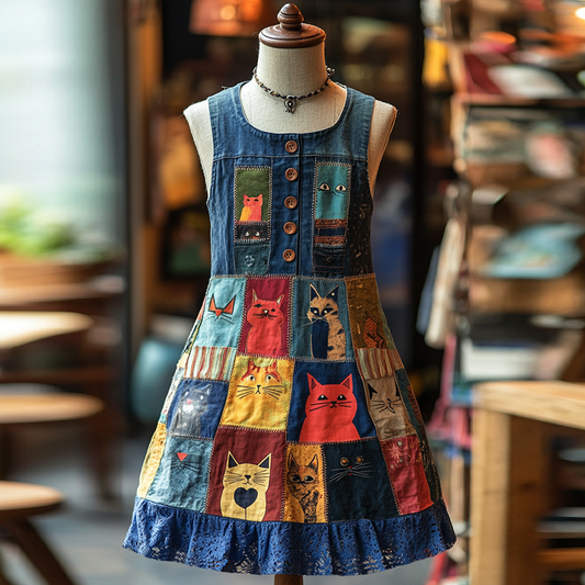 Comstylish Pop Art Patchwork Cat Lace Denim Dress