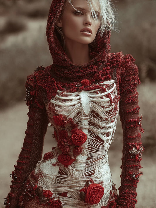 Halloween Skeleton And Red Rose Mystery Bandage Dress artswardrobe