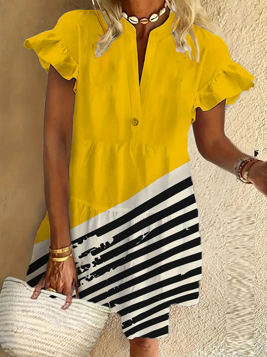 Geometric art ruffle short-sleeved V-neck button dress holiday beach dress