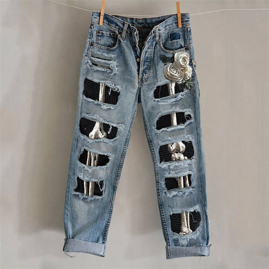Comstylish Halloween Skeleton Anatomy White Roses Distressed Patched Jeans