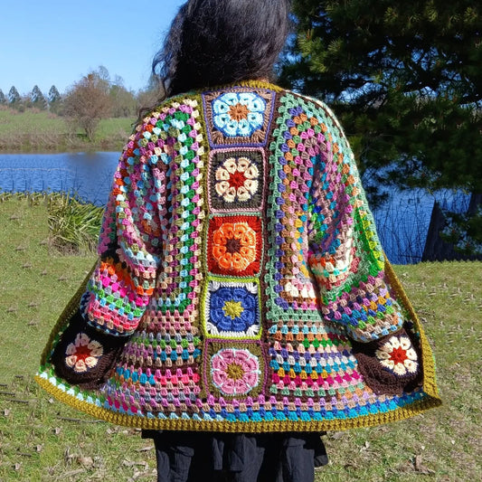 Comstylish Women's Colorful Floral Patchwork Art Cozy Knit Sweater Cardigan