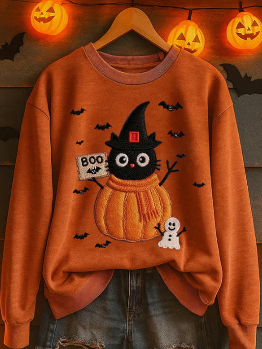 Comstylish Halloween Fun Cute Pumpkin Cat Women's Printed Sweatshirt
