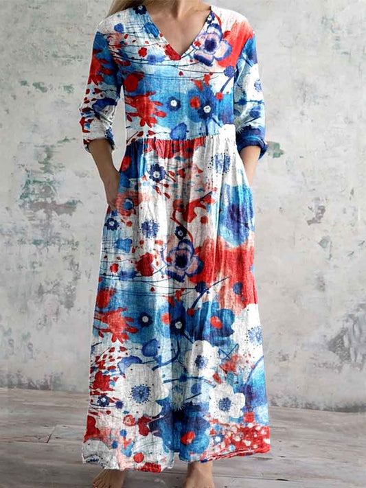Women's Independence Day Tricolor Floral V-Neck Cotton Dress with Pockets