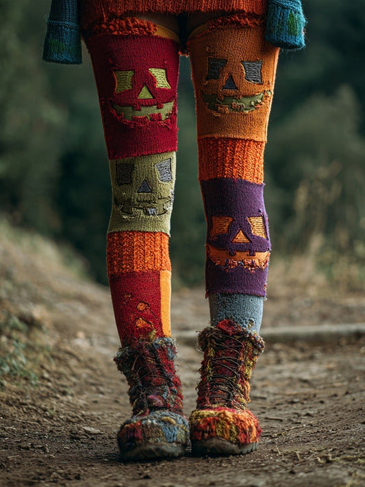Halloween Pumpkin Face Colorblock Patchwork Cozy Leggings artswardrobe