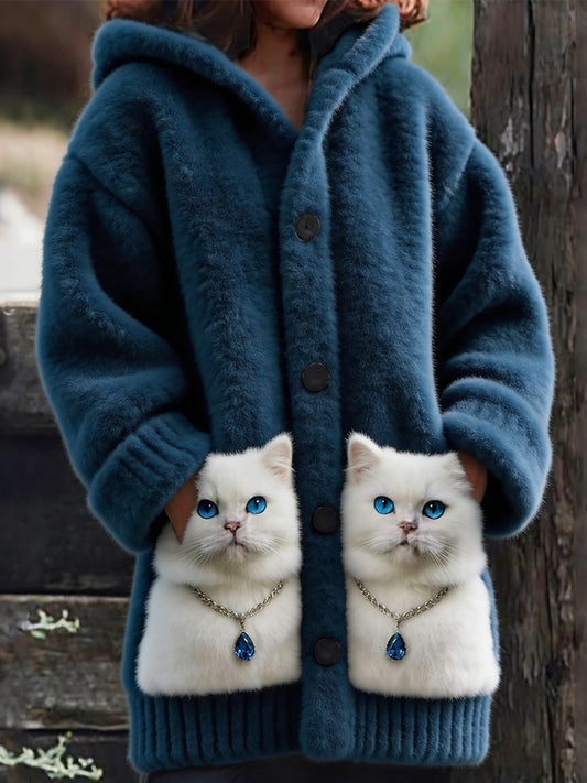 Comstylish Cute Fuzzy Cats Pattern Cozy Hooded Cardigan