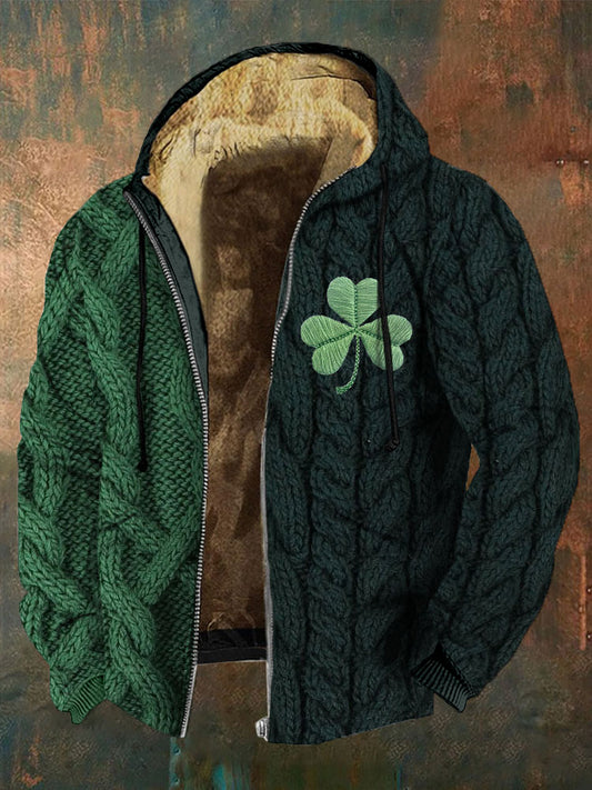 Men's Shamrock Embroidered Jacquard Cozy Full Zip Casual Hoodie elevenforest