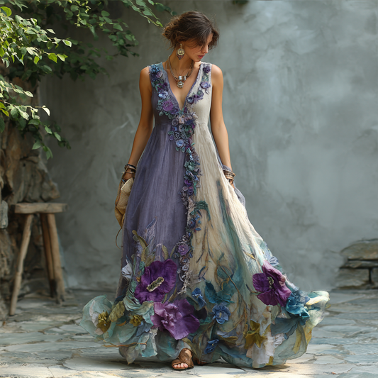 Retro Gradient Purple Floral Embroidery Sleeveless V-neck Dress artswardrobe
