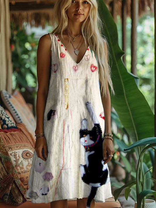 Threadstripe Black And White Cat Pattern Vintage Linen Vest Dress artswardrobe