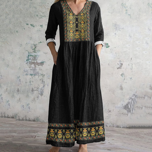 Women's Vintage Tribal Embroidered Casual Linen Dress artswardrobe