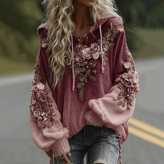 Women's Vintage Pink Rose Embroidery Art Cozy Knit Hooded Sweater artswardrobe