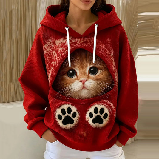 Women's Cute Christmas Cat Art Casual Hoodie elevenforest
