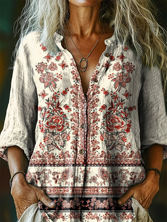 Women's Vintage Ethnic Floral Tattoo Pattern Art Print Casual Cotton L