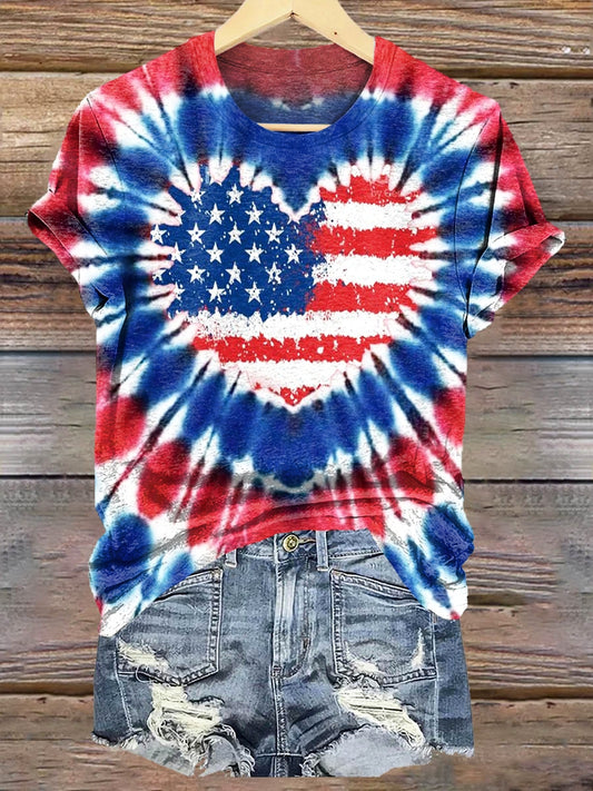 Women's Heart Tie Dye American Flag Independence Day Print Crew Neck T