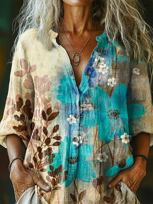 Women's Art Painting Blue Floral Contrast Vintage Print Long Sleeve Sh