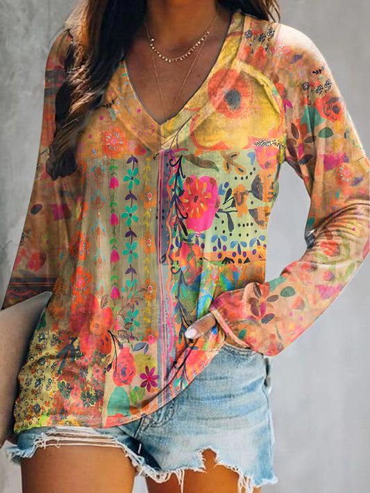 Women's Bohemian Floral Print V Neck Long Sleeve Tops