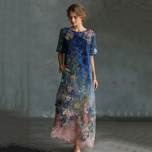 Women's Oil Painting Floral Contrast Color Sequined Maxi Dress artswardrobe
