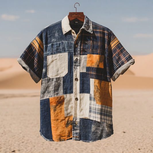 Men's Vintage Recycled Fabric Patchwork Contrast Linen Shirt artswardrobe