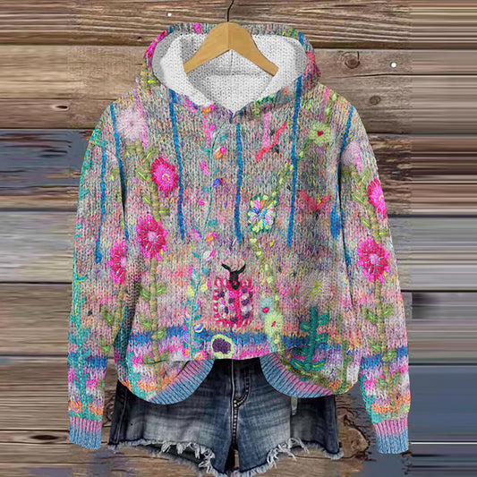 Vintage Floral Print Knitted Cozy Hooded Sweater elevenforest