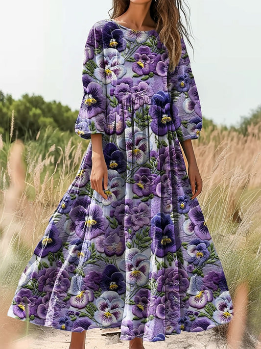 Women's Floral Art Print Flowy Cotton Crew Neck Dress
