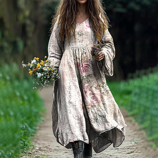 Women's Vintage Floral Art Cotton And Linen Dress artswardrobe