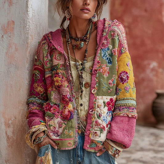 Women's Vintage Bohemian Floral Embroidery Patchwork Art Hooded Cardigan Sweater artswardrobe