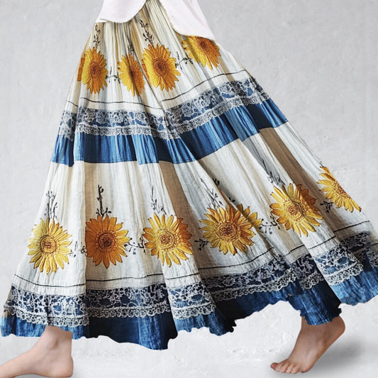 Boho Sunflowers Embroidered Lace Patchwork Flowy Wide Skirt artswardrobe