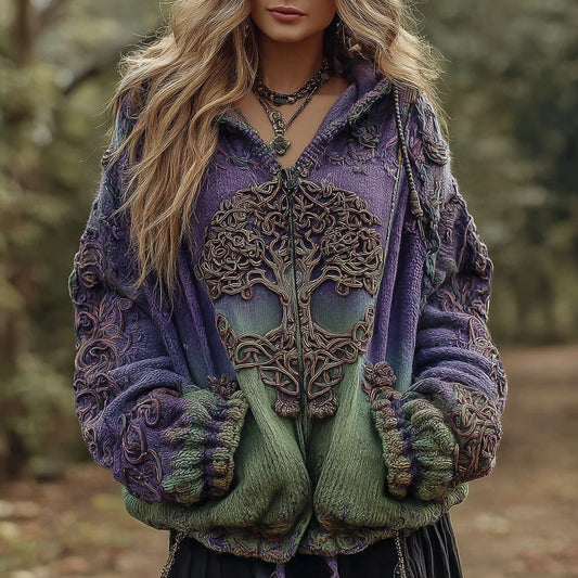 Women's Vintage Viking Tree Of Life Knit Zipper Cardigan Sweater elevenforest