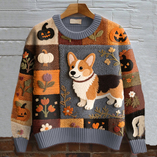Comstylish Vintage Corgi Dog With Felt In Autumn Inspired Embroidered Cozy Knit Sweater