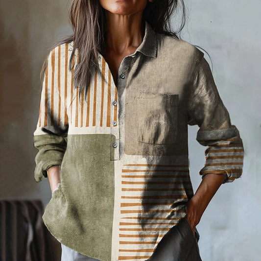 Comstylish Women's Geometric Abstract Art Print Casual Cotton And Linen Shirt