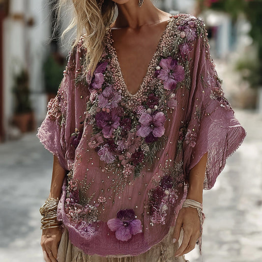 Women's Pansy Embroidered Sequined Short Sleeve T-shirt artswardrobe