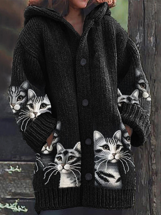 Comstylish American Shorthair Cats Crochet Cozy Knit Hooded Cardigan