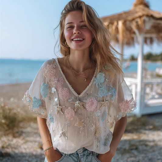 Vintage Bohemian Marine Creature Comfort Linen V-neck Short-sleeved Top elevenforest