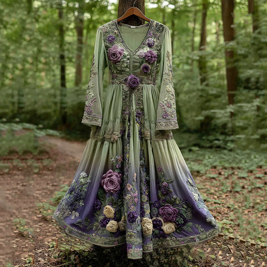 Classy Gradient Purple Lavender And Floral Embroidered Linen Maxi Dress artswardrobe