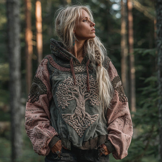 Women's Tribal Magic Tree Of Life Art Patchwork Comfort Hoodie artswardrobe