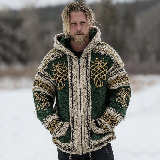 Men's Vintage Celtic Knot Jacquard Zipper Contrast Color Aran Sweater artswardrobe