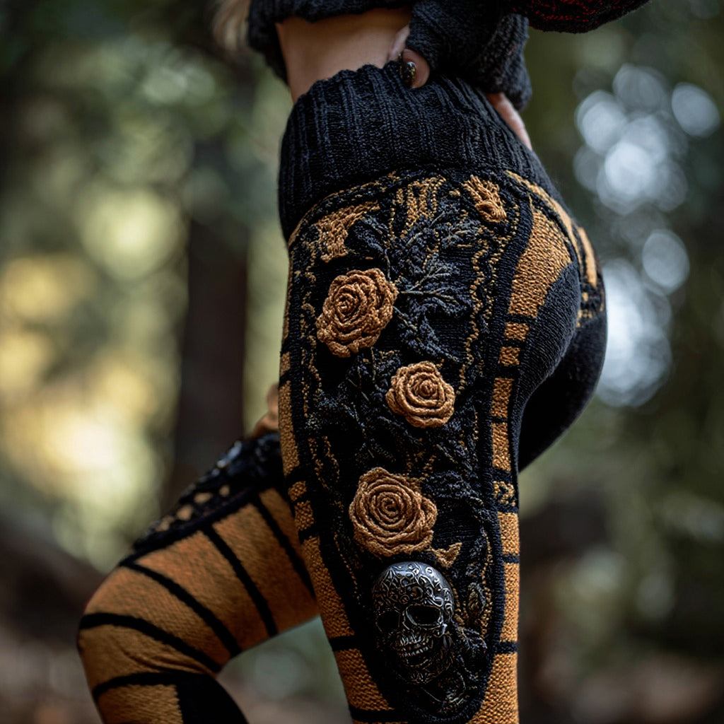 Women's Vintage Sugar Skull And Rose Pattern Comfortable Leggings artswardrobe