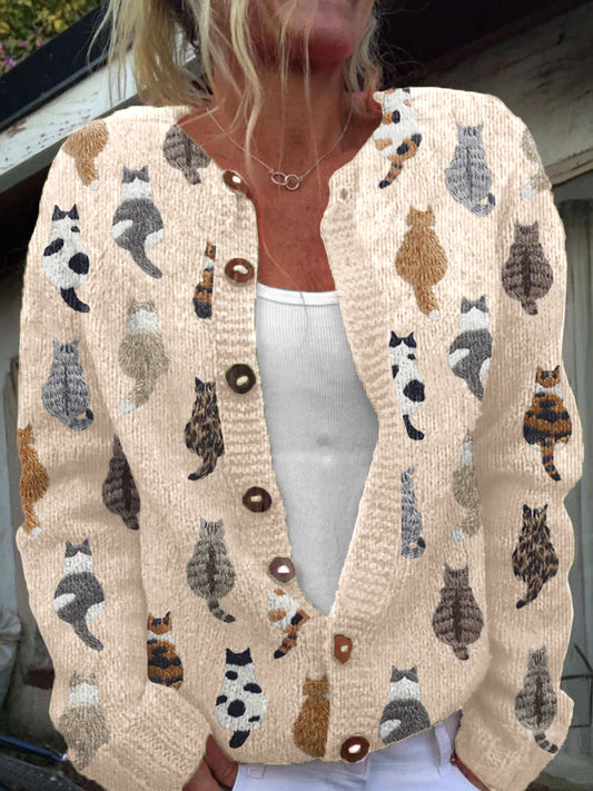 Comstylish Cute Cats Embroidery Pattern Cozy Knit Cardigan