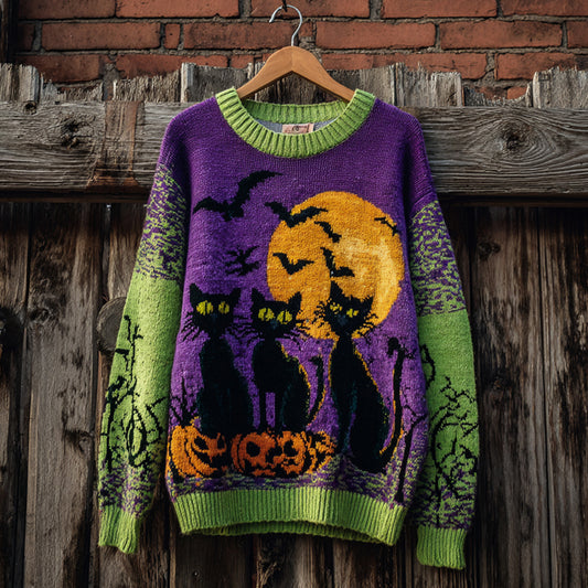 Comstylish Halloween Black Cat Color Clash Women's Knitted Sweater