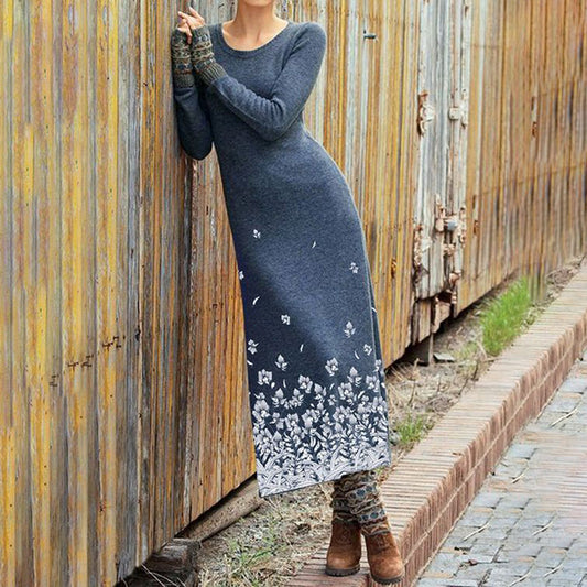 Elegant Vintage Floral Pattern Wool Midi Dress elevenforest