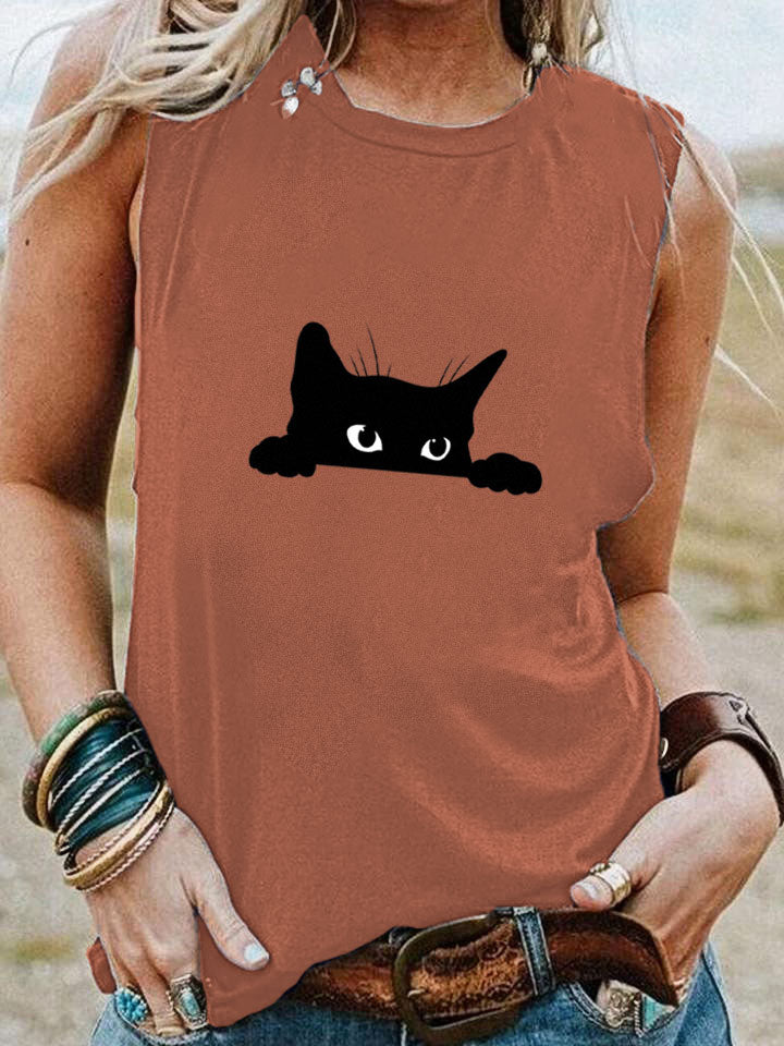 Women's Casual Black Cat Print Vest elevenforest