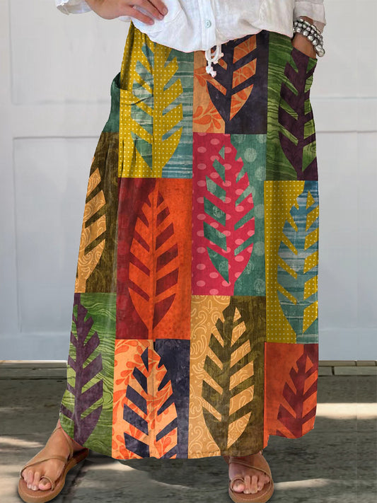 Women's Vintage Colorful Leaves Collage Art Print Linen Pocket Skirt
