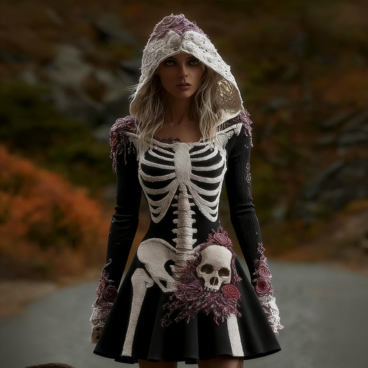 Women's Halloween Line Art Hooded Knit Lace Dress artswardrobe