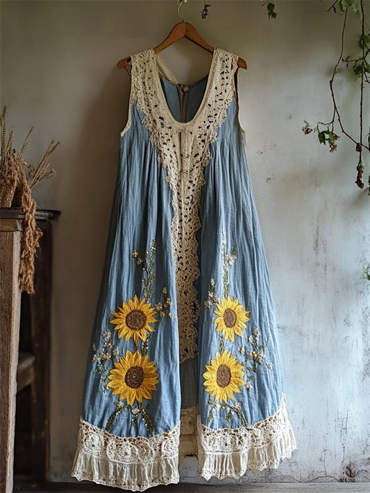 Boho Sunflowers Embroidered Lace Patchwork Linen Dress artswardrobe