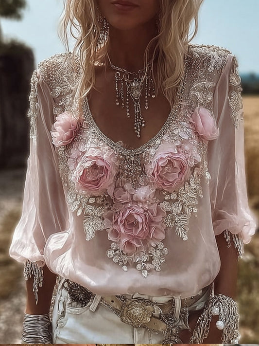 Women's Three-dimensional Floral Vintage Casual Long-sleeved Top artswardrobe