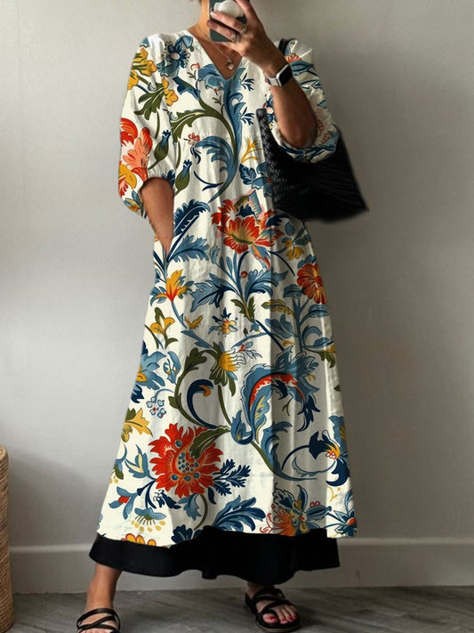 Women's Vintage Floral Print Pocket V-neck Cotton Dress