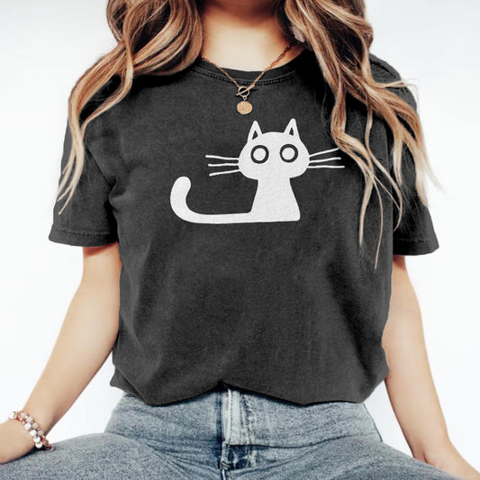 Comstylish Cute Cat Print Crew Neck Vintage Cozy T Shirt